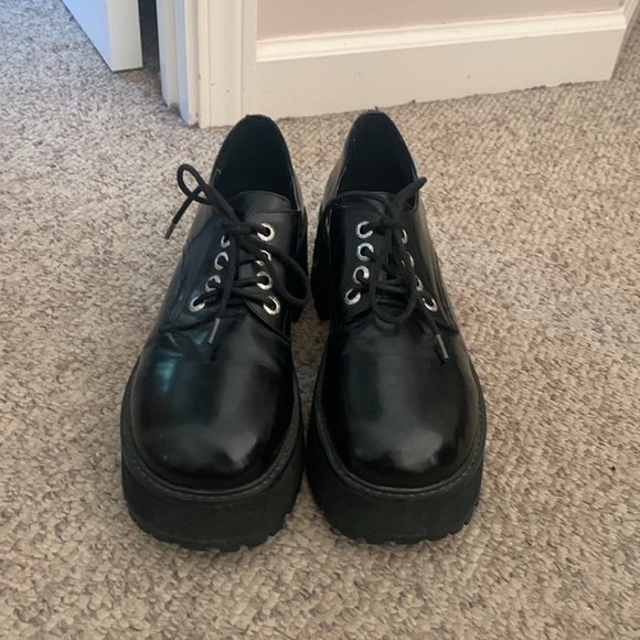 Vtg Unif black leather mega platform Oxford boho chunky heel loafer shoes sz 11 - Picture 2 of 8